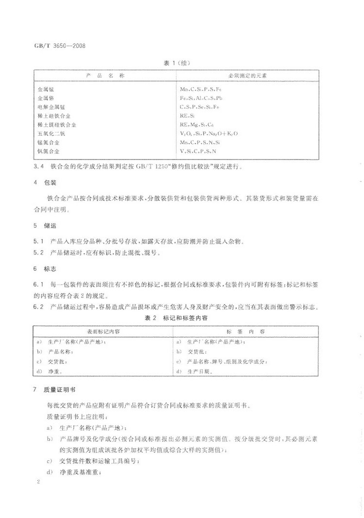 鐵合金驗收、包裝、儲運、標志和質(zhì)量證明書的一般規(guī)定國家標準GB/T 3650-2008